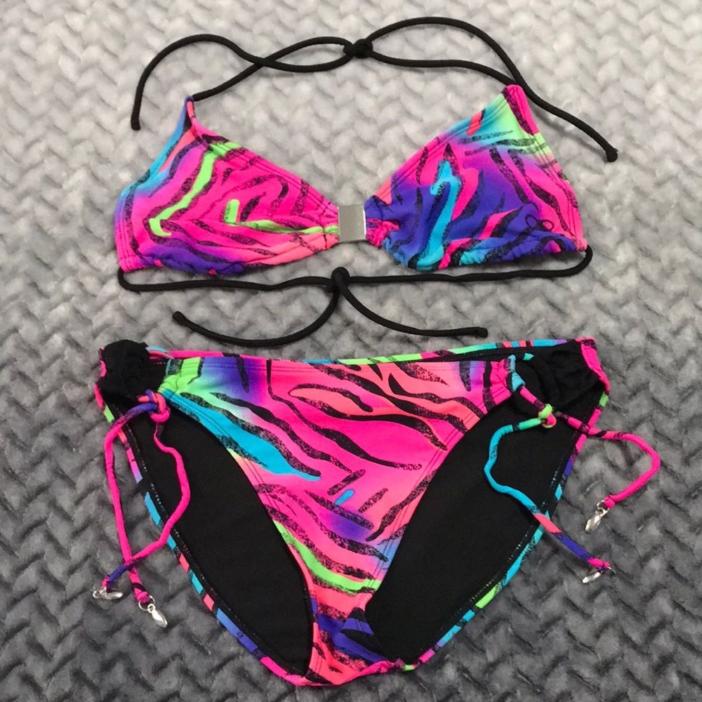 Ocean Pacific Bikini Set, Size S, Colour is Multi Neon with Tiger Stripes.